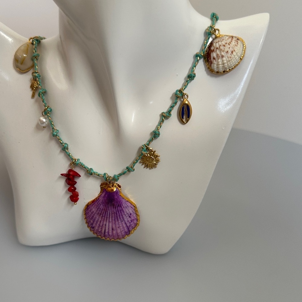 Jade pink green jade real Seashell Necklace with Purple and Gold Details